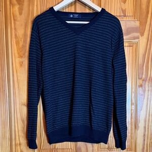 J. Crew Men's 100% Merino Wool Navy and Gray Striped V-Neck Sweater